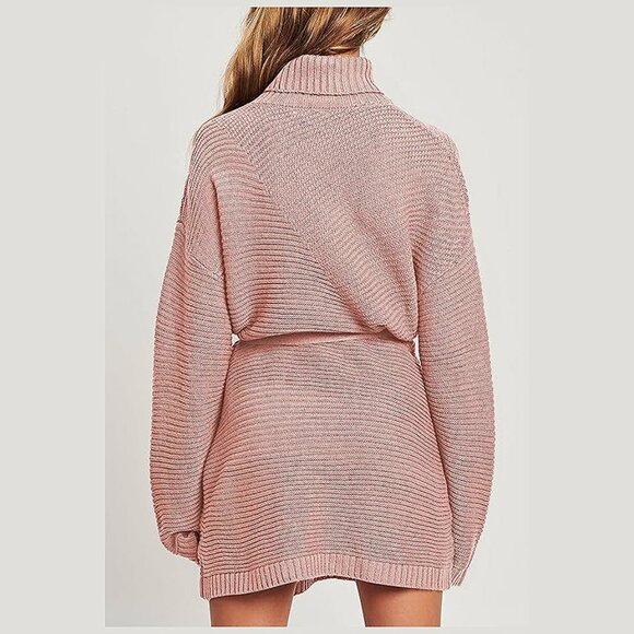 Women's 2024 Fall Sweater Dresses Turtleneck Batwing Pink - Picture 4 of 4